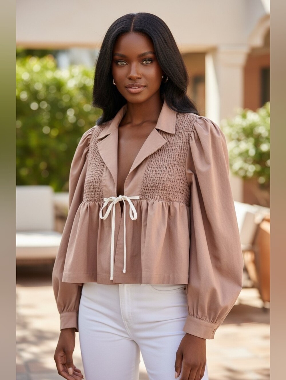 NWT Idem Ditto Carmel Smocked Blouse with Tie Size M